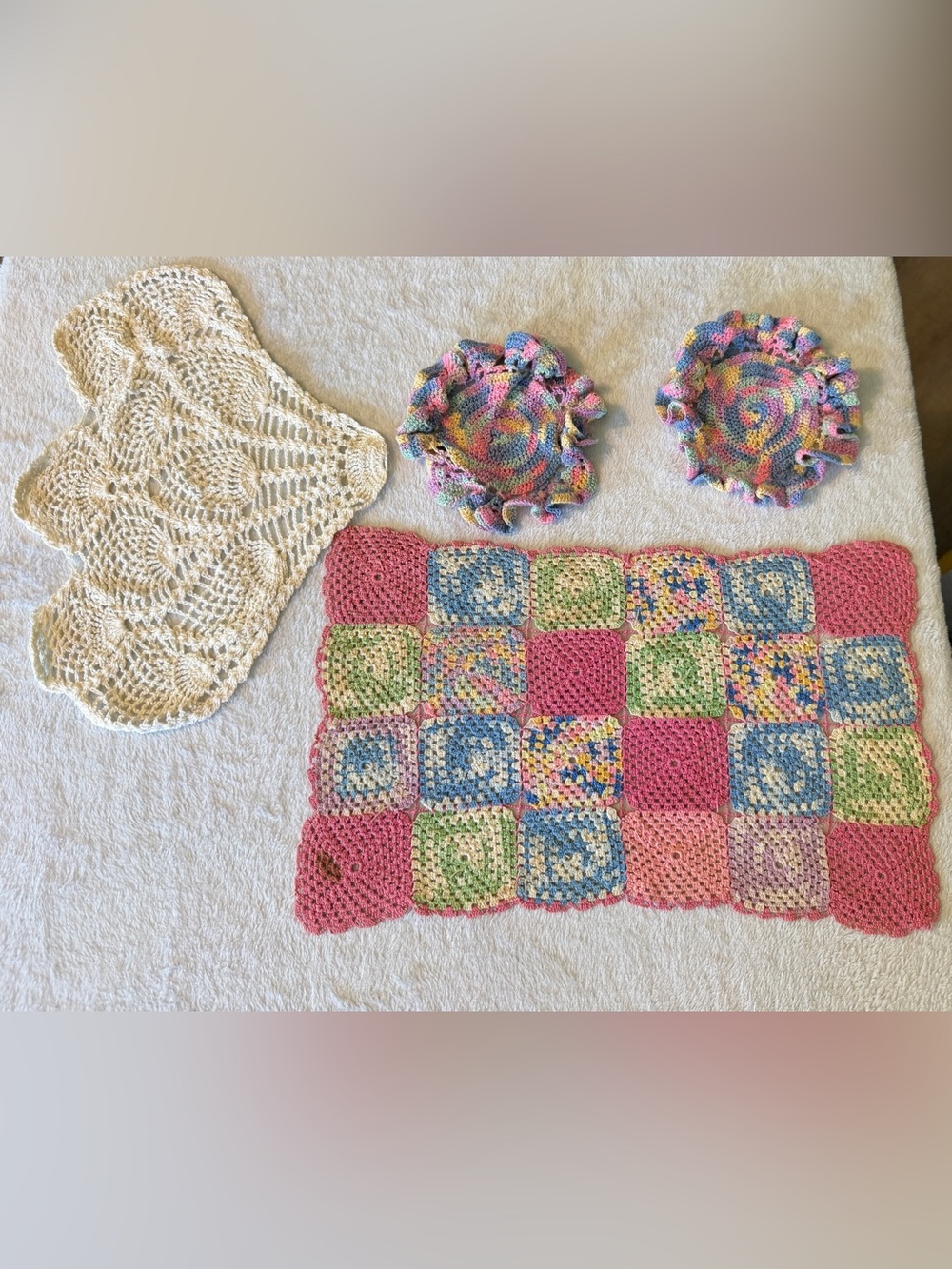 Doily Pink multi colored Crochet Knit Flower Round rectangle custom 4